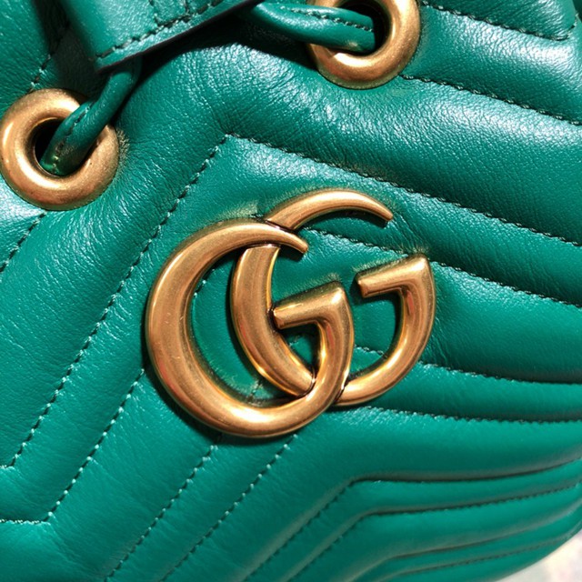 Gucci經典款女包 476674 古馳GG Marmont絎縫 綠色真皮水桶包 Gucci水桶包  gqy2470